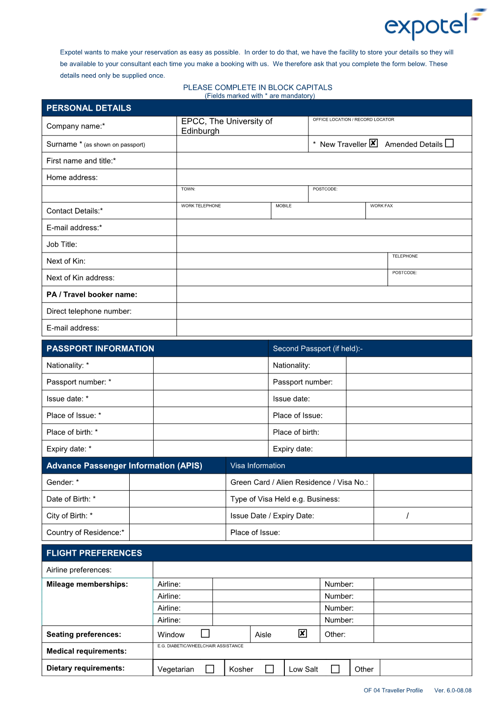 F33 Traveller Profile Form