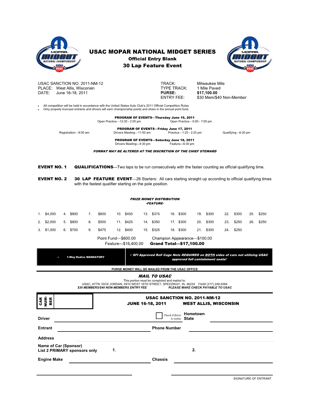USAC MOPAR NATIONAL MIDGET SERIES Official Entry Blank 30 Lap Feature Event