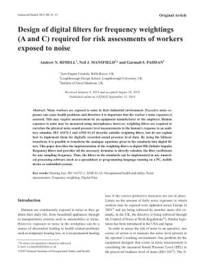 Design of Digital Filters for Frequency Weightings (A and C) Required for Risk Assessments of Workers Exposed to Noise