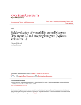 Field Evaluation of Winterkill in Annual Bluegrass (Poa Annua L.) and Creeping Bentgrass (Agrostis Stolonifera L.) Federico J