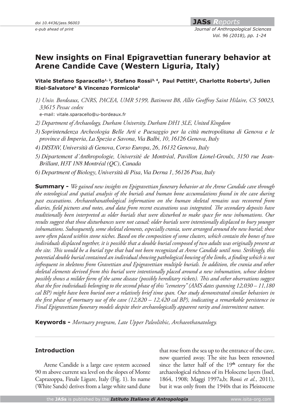 New Insights on Final Epigravettian Funerary Behavior at Arene Candide Cave (Western Liguria, Italy)