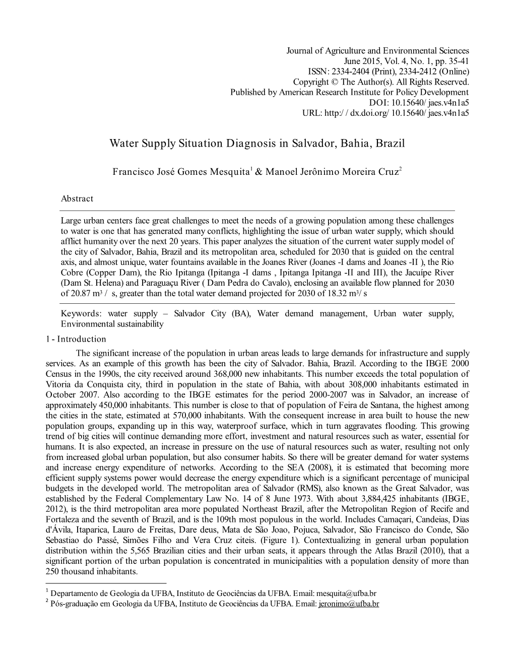 Water Supply Situation Diagnosis in Salvador, Bahia, Brazil