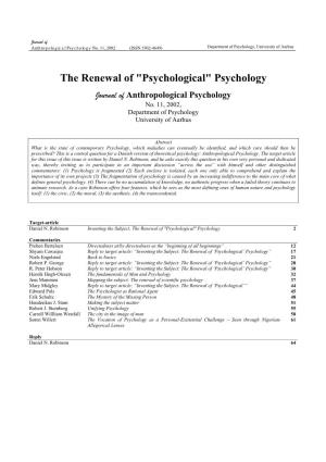The Renewal of "Psychological" Psychology