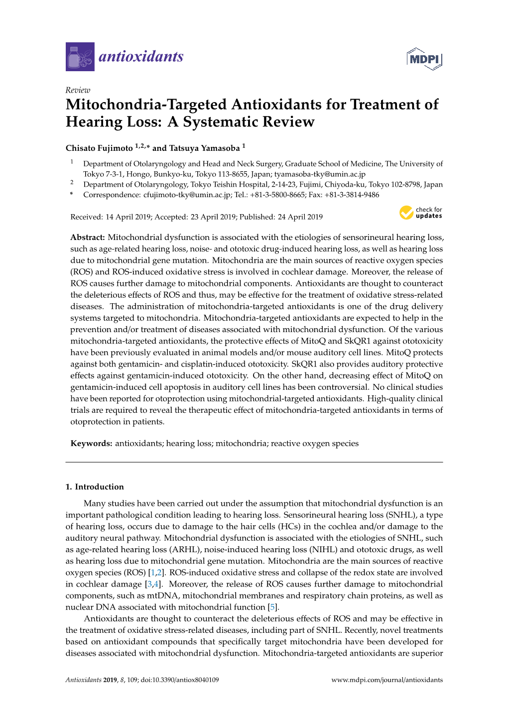 Mitochondria-Targeted Antioxidants for Treatment of Hearing Loss: a Systematic Review