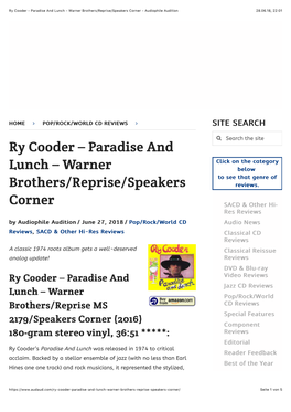 Ry Cooder – Paradise and Lunch – Warner Brothers/Reprise/Speakers Corner