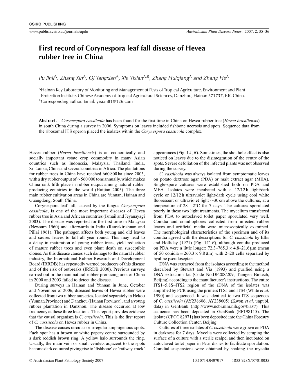 First Record of Corynespora Leaf Fall Disease of Hevea Rubber Tree in China