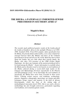 The Bhuba: a Paternally Inherited Jewish Priesthood in Southern Africa?