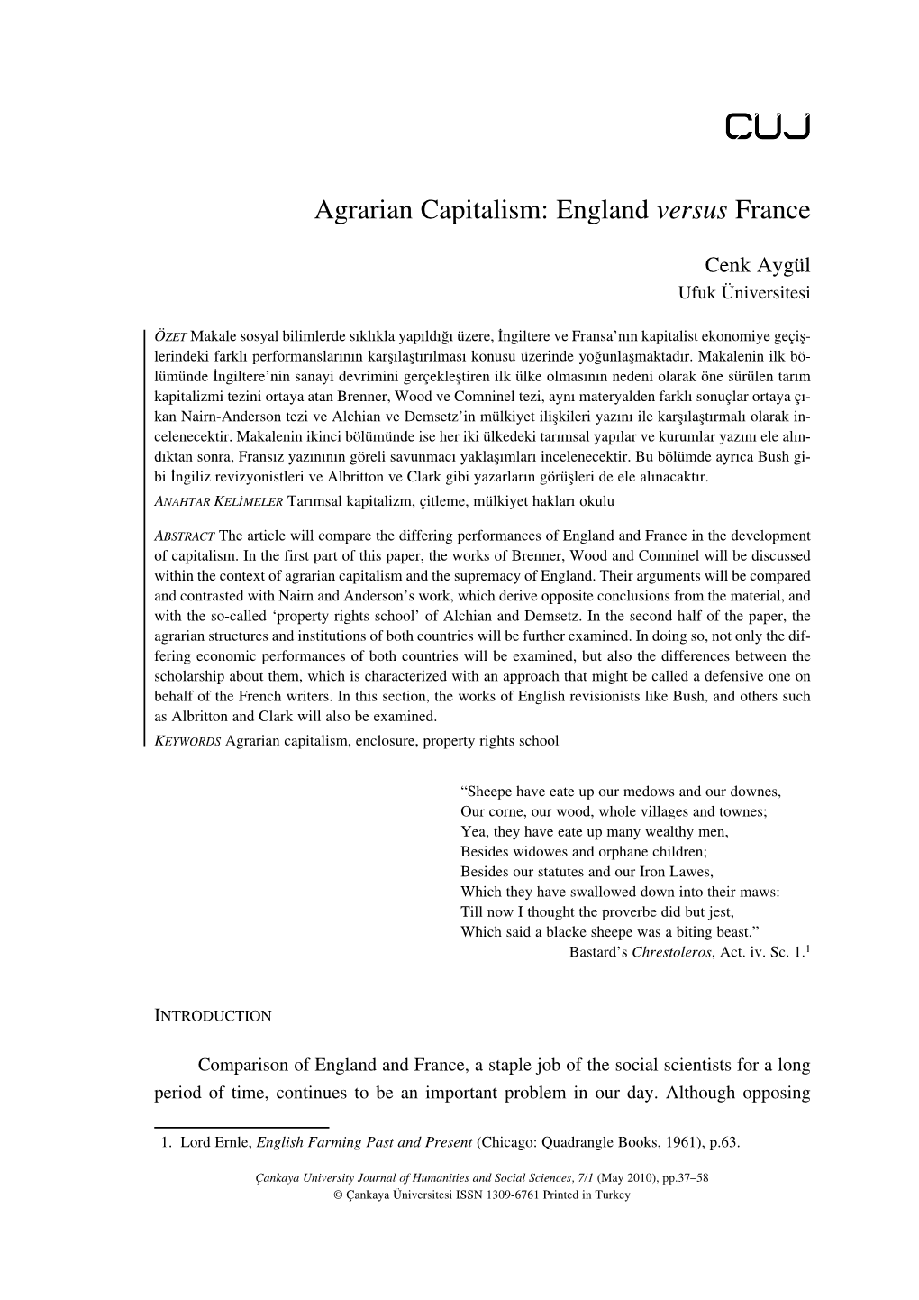 Agrarian Capitalism: England Versus France