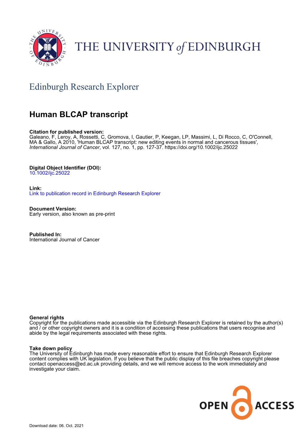 Human BLCAP Transcript: New Editing Events in Normal and Cancerous Tissues', International Journal of Cancer, Vol