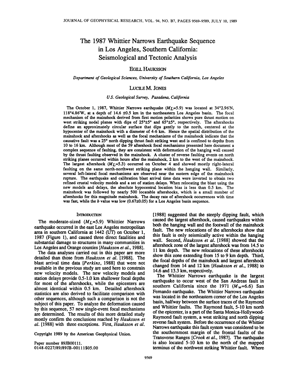 The 1987 Whittier Narrows Earthquake Sequence in Los Angeles, Southern California: Seismological and Tectonic Analysis