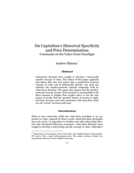Andrew Kliman, on Capitalism's Historical Specificity and Price