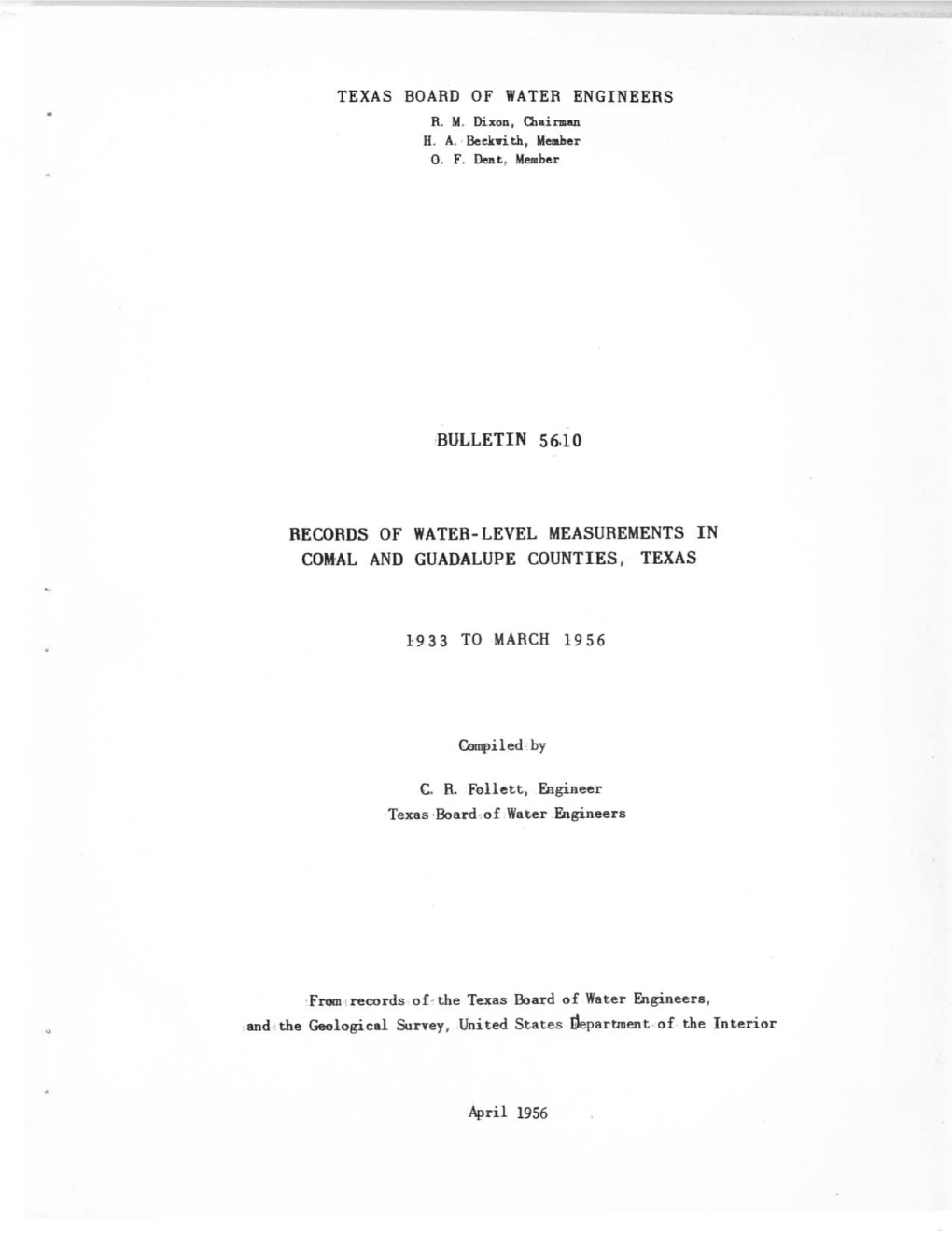 Records of Water-Level Measurements in Comal and Guadalupe Counties, Texas 1933 to March 1956
