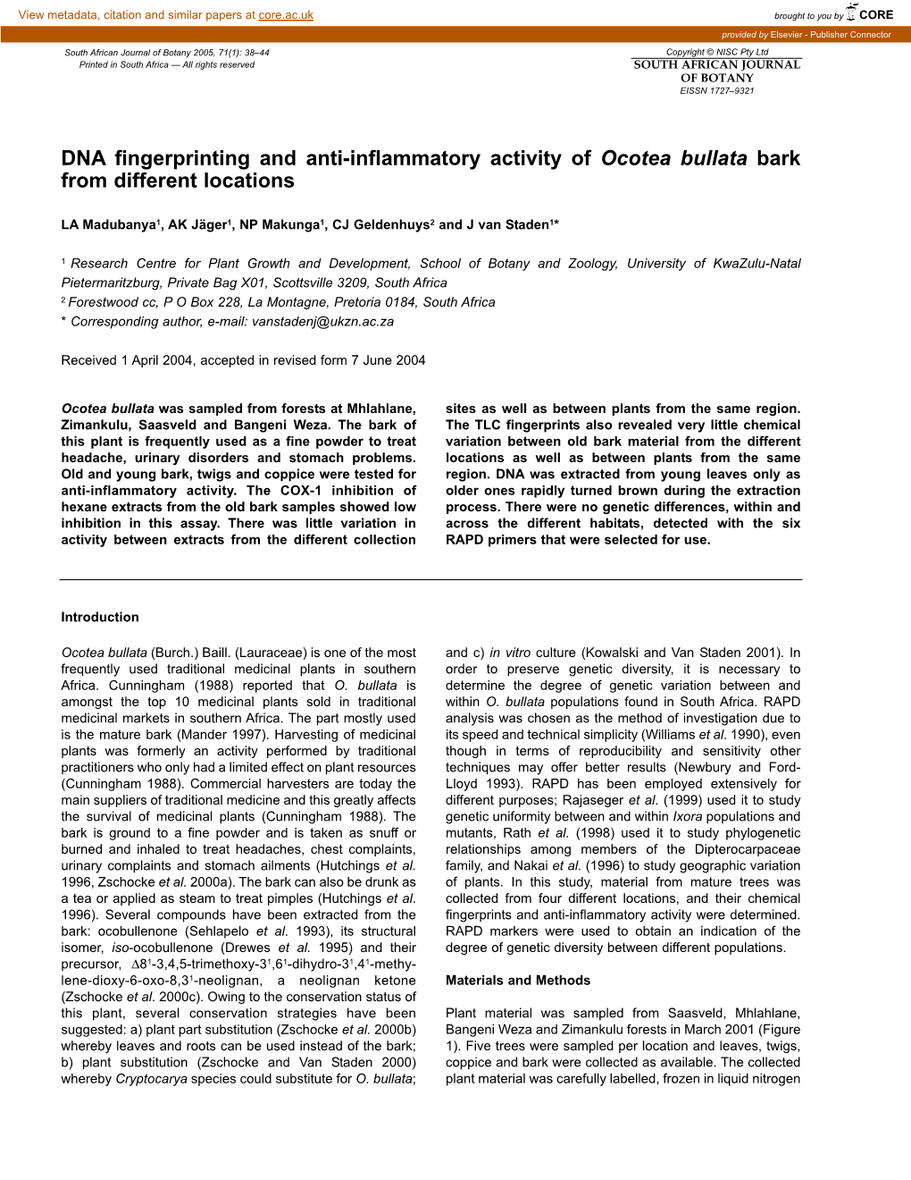 DNA Fingerprinting and Anti-Inflammatory Activity of Ocotea Bullata Bark from Different Locations