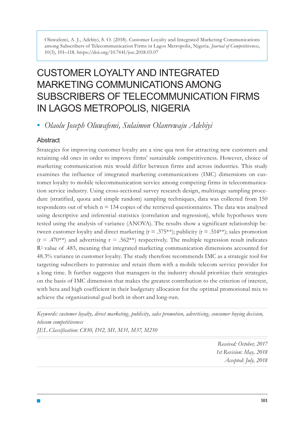 Customer Loyalty and Integrated Marketing Communications Among Subscribers of Telecommunication Firms in Lagos Metropolis, Nigeria