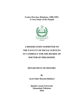 Centre-Province Relations, 1988-1993: a Case Study of the Punjab