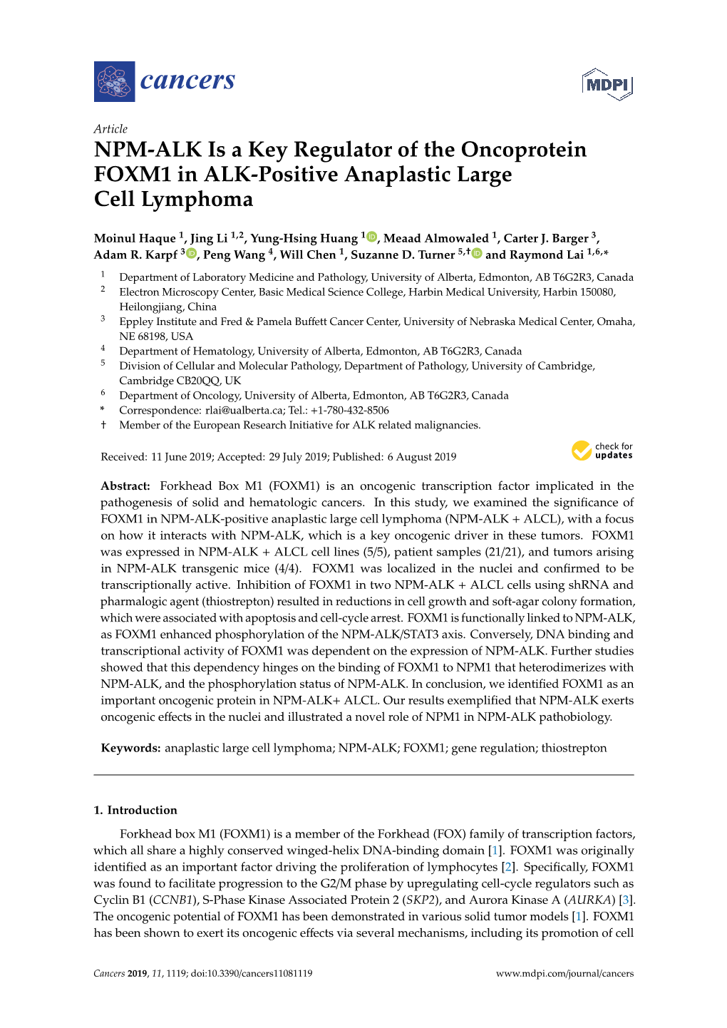 NPM-ALK Is a Key Regulator of the Oncoprotein FOXM1 in ALK-Positive Anaplastic Large Cell Lymphoma