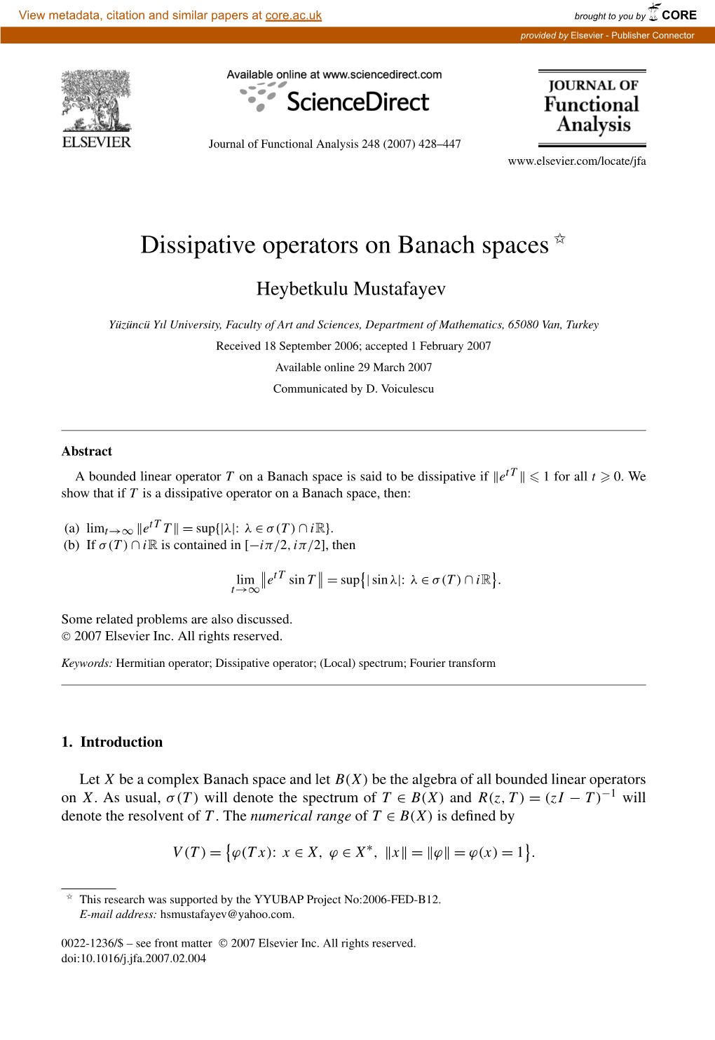 Dissipative Operators on Banach Spaces ✩