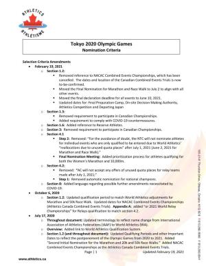 Tokyo 2020 Olympic Games Nomination Criteria