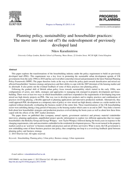 Planning Policy, Sustainability and Housebuilder Practices: the Move Into