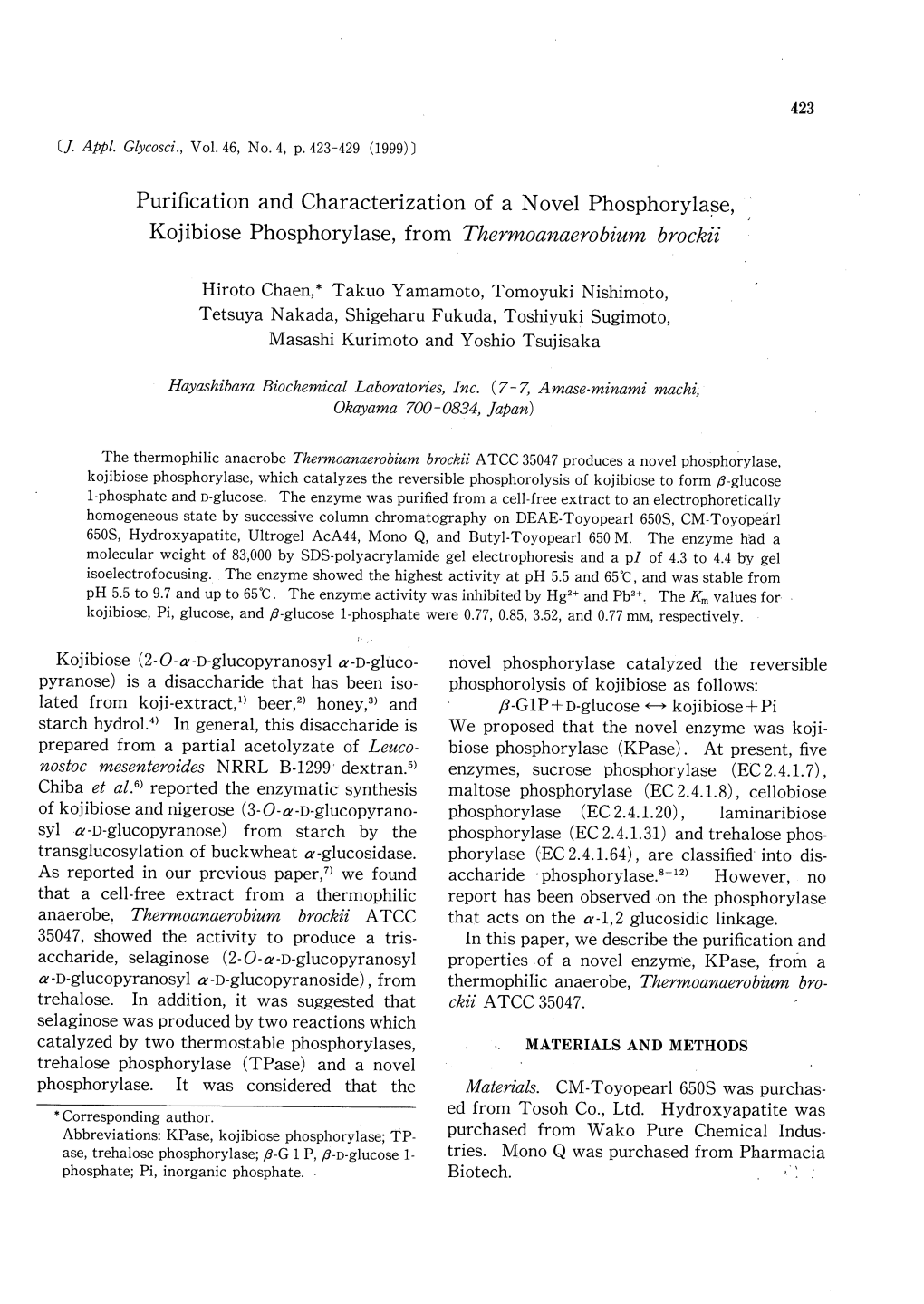 Purification and Characterization of a Novel Phosphorylase, Kojibiose