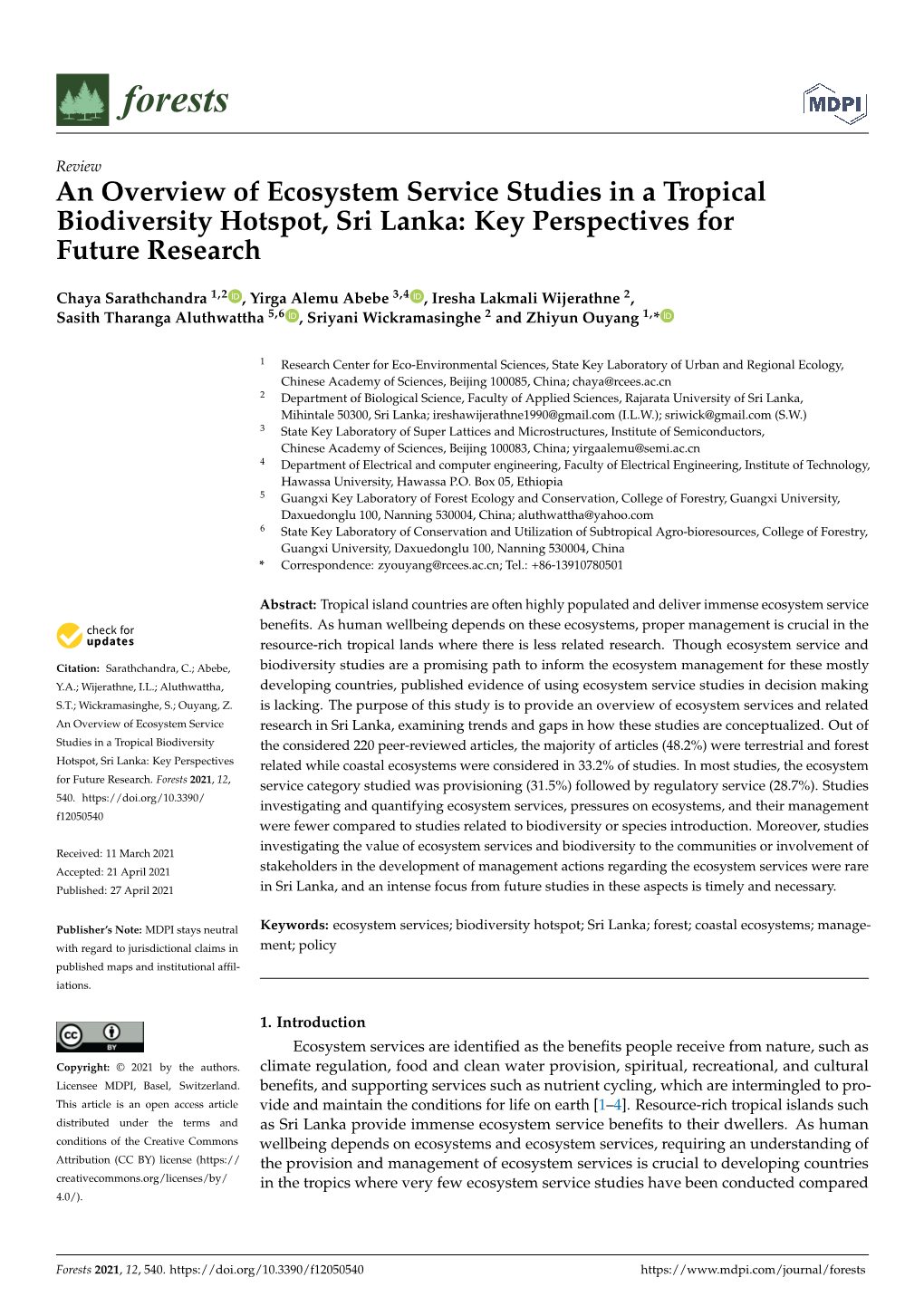 An Overview of Ecosystem Service Studies in a Tropical Biodiversity Hotspot, Sri Lanka: Key Perspectives for Future Research