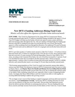New DFTA Funding Addresses Rising Food Costs Monies Will Also Offset the Expenses of Kosher Home Delivered Meals