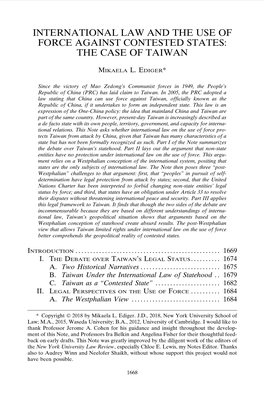 International Law and the Use of Force Against Contested States: the Case of Taiwan