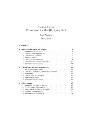 Number Theory Course Notes for MA 341, Spring 2018