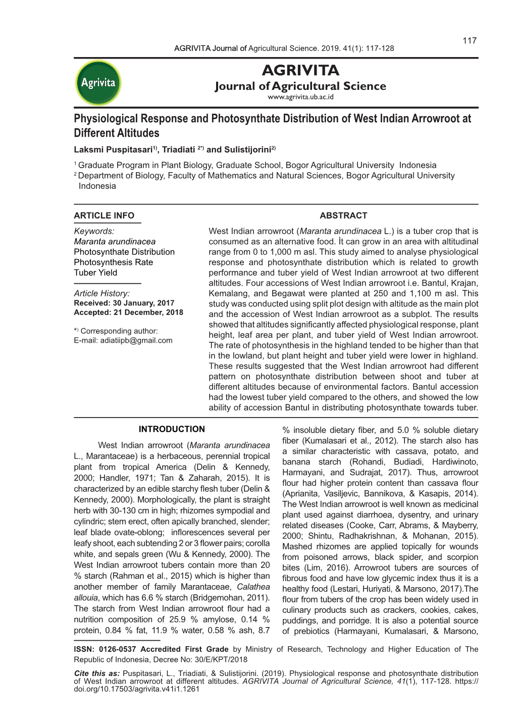 Physiological Response and Photosynthate Distribution of West Indian Arrowroot at Different Altitudes