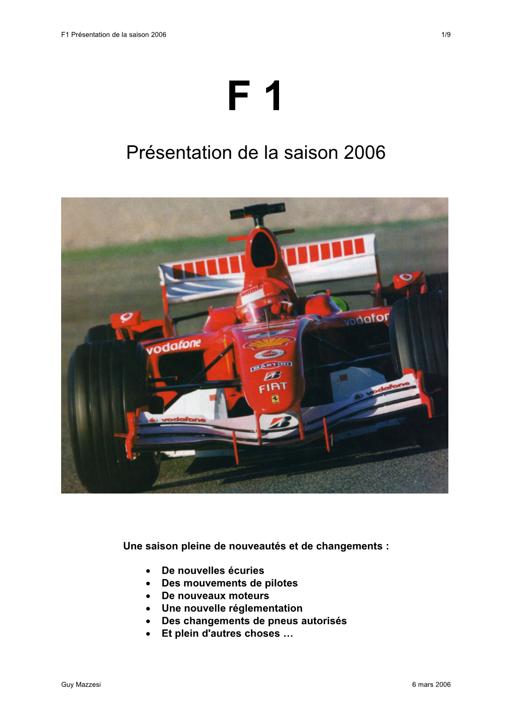 Présentation De La Saison 2006 1/9 F 1