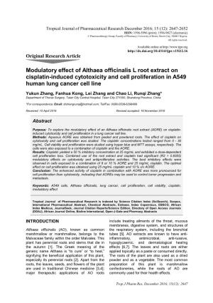Modulatory Effect of Althaea Officinalis L Root Extract on Cisplatin-Induced Cytotoxicity and Cell Proliferation in A549 Human Lung Cancer Cell Line