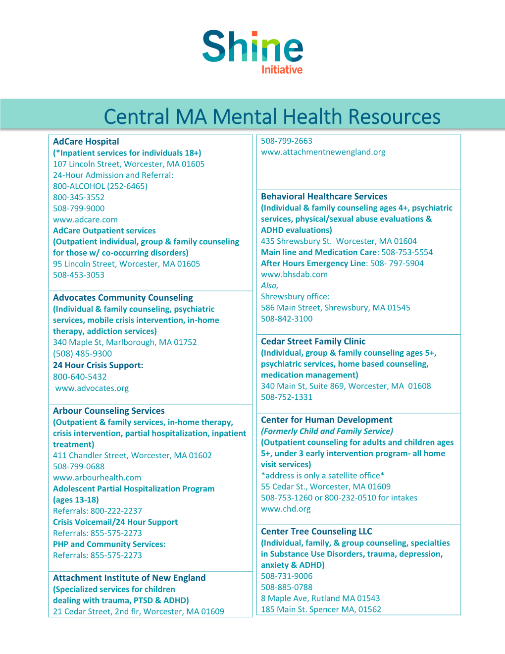 Central MA Mental Health Resources Guide by the Shine