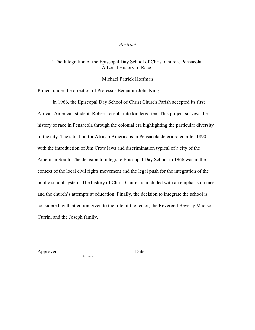 The Integration of the Episcopal Day School of Christ Church, Pensacola: a Local History of Race”