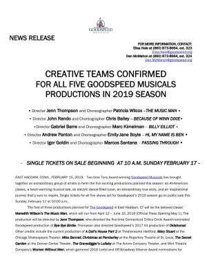 Creative Teams Confirmed for All Five Goodspeed Musicals Productions in 2019 Season
