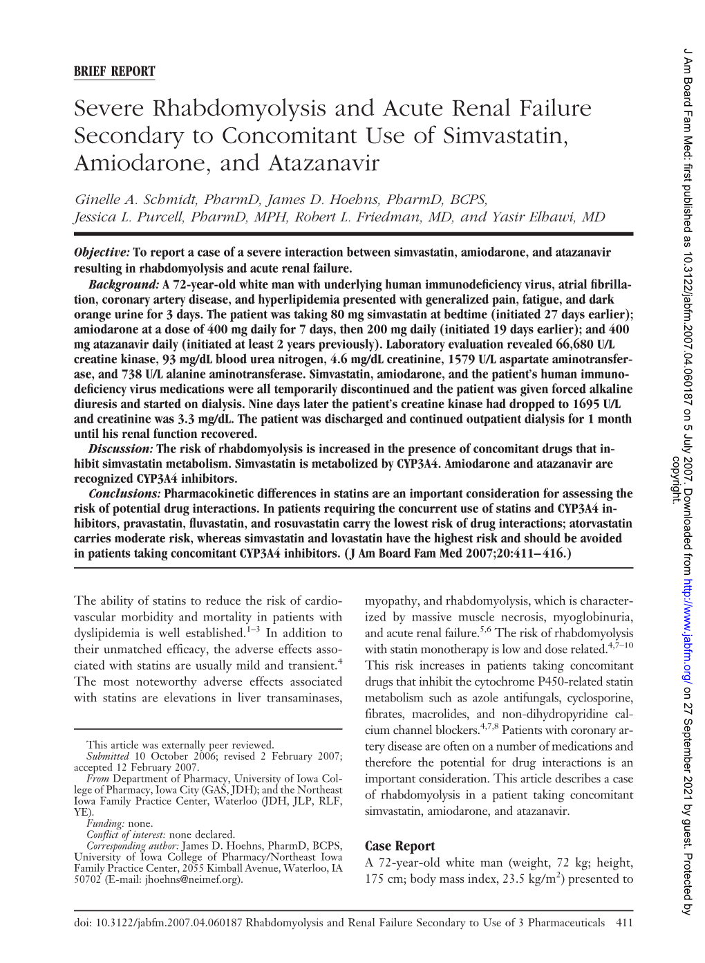 Severe Rhabdomyolysis and Acute Renal Failure Secondary to Concomitant Use of Simvastatin, Amiodarone, and Atazanavir