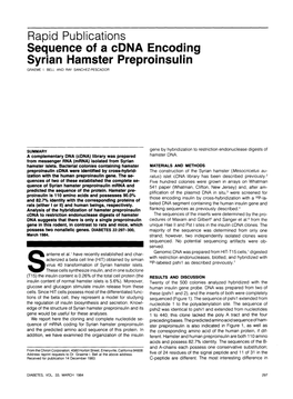 Rapid Publications Sequence of a Cdna Encoding Syrian Hamster Preproinsulin GRAEME I