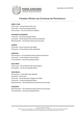 Feriados Oficiais Nas Comarcas De Pernambuco