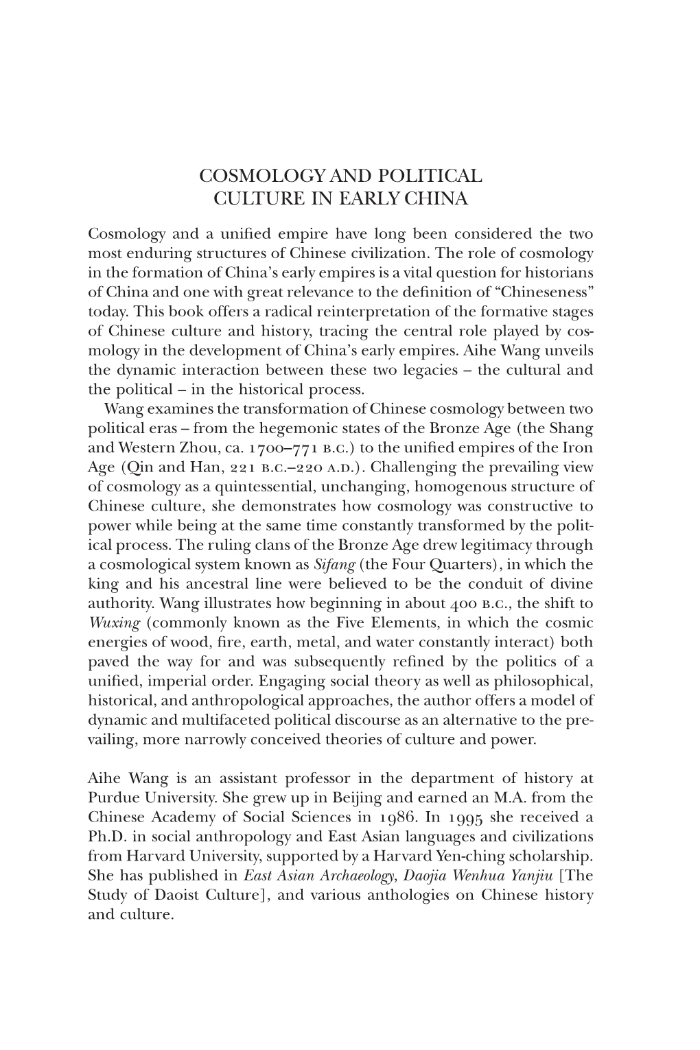 Cosmology and Political Culture in Early China