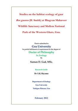 Studies on the Habitat Ecology of Gaur Bos Gaurus (H