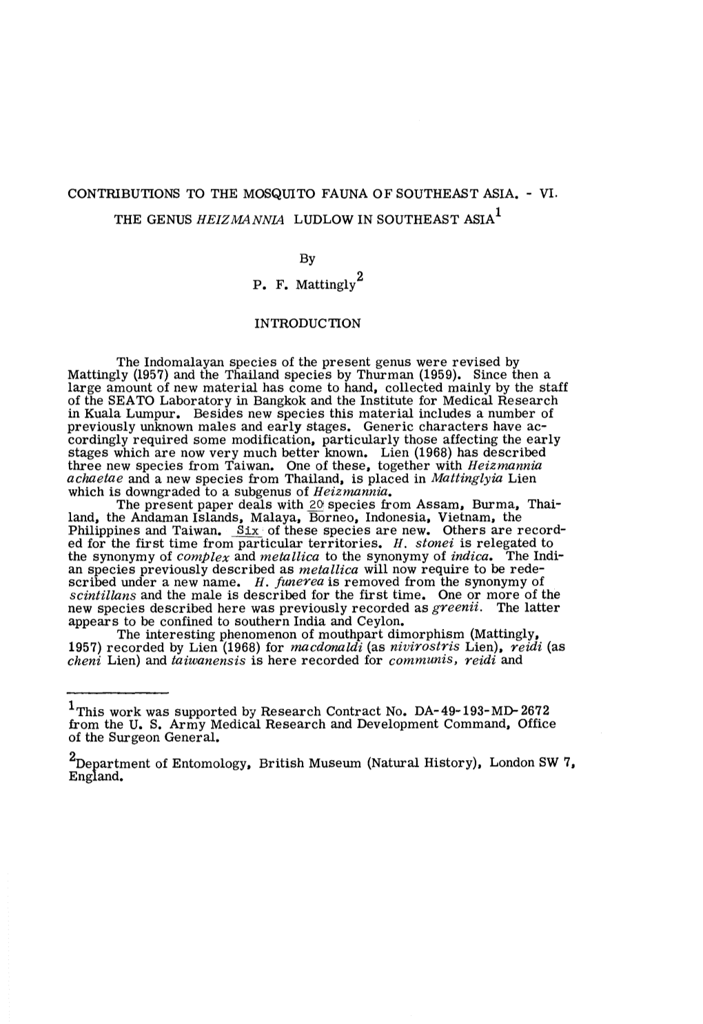 Contributions to the Mosquito Fauna of Southeast Asia. VI. the Genus