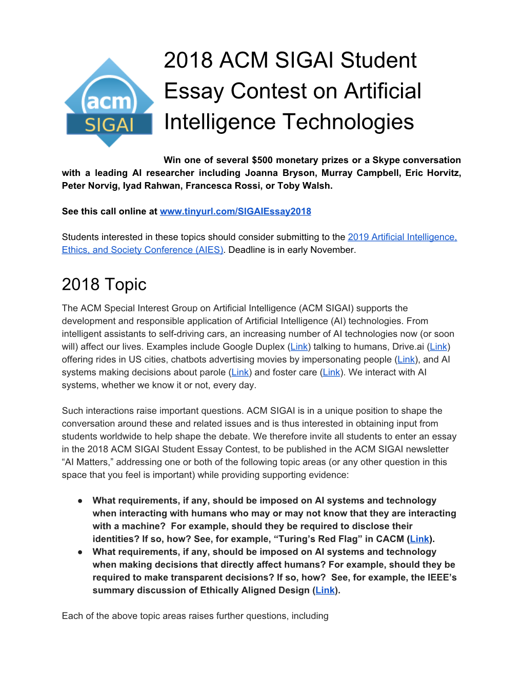 2018 ACM SIGAI Student Essay Contest on Artificial Intelligence Technologies