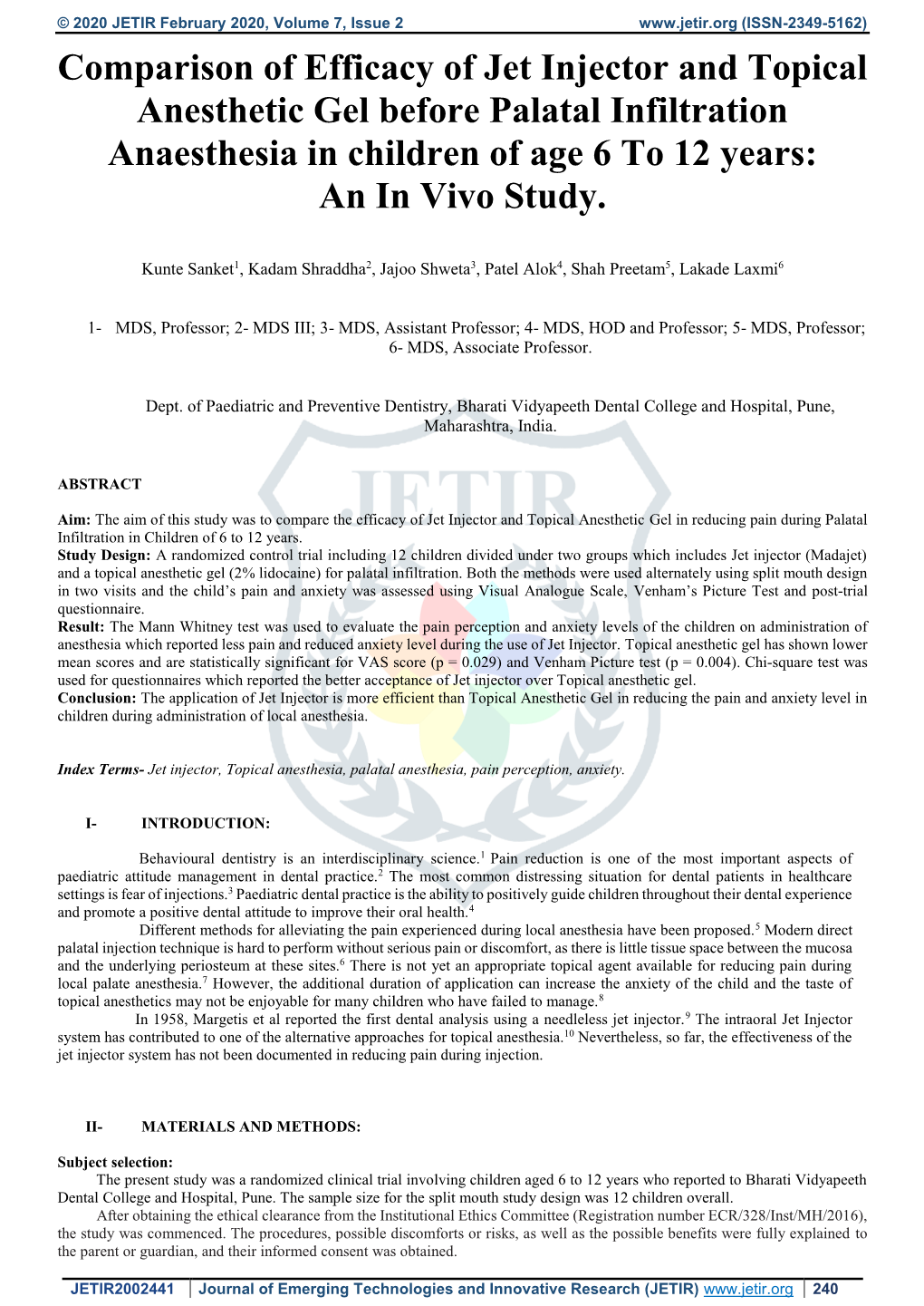 Comparison of Efficacy of Jet Injector and Topical Anesthetic Gel Before Palatal Infiltration Anaesthesia in Children of Age 6 to 12 Years: an in Vivo Study