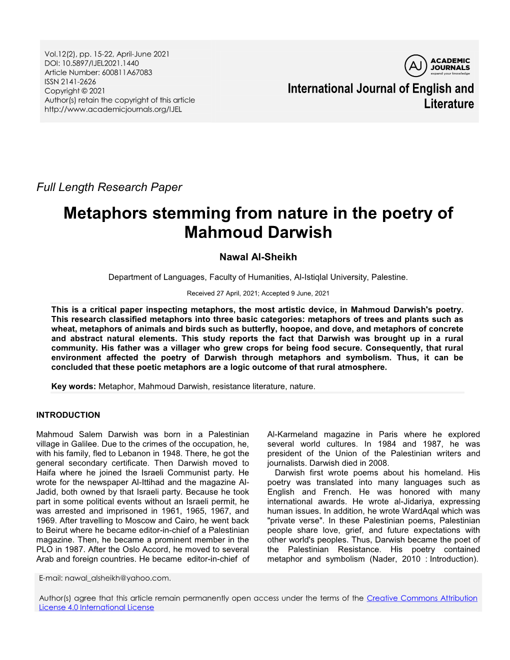 Metaphors Stemming from Nature in the Poetry of Mahmoud Darwish