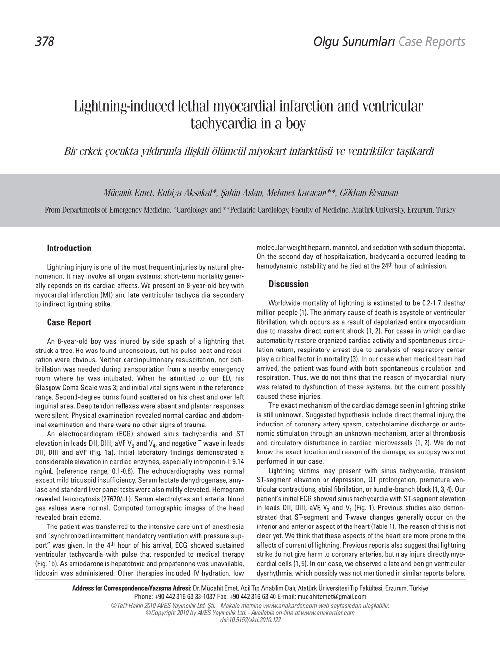 Lightning-Induced Lethal Myocardial Infarction and Ventricular Tachycardia in a Boy