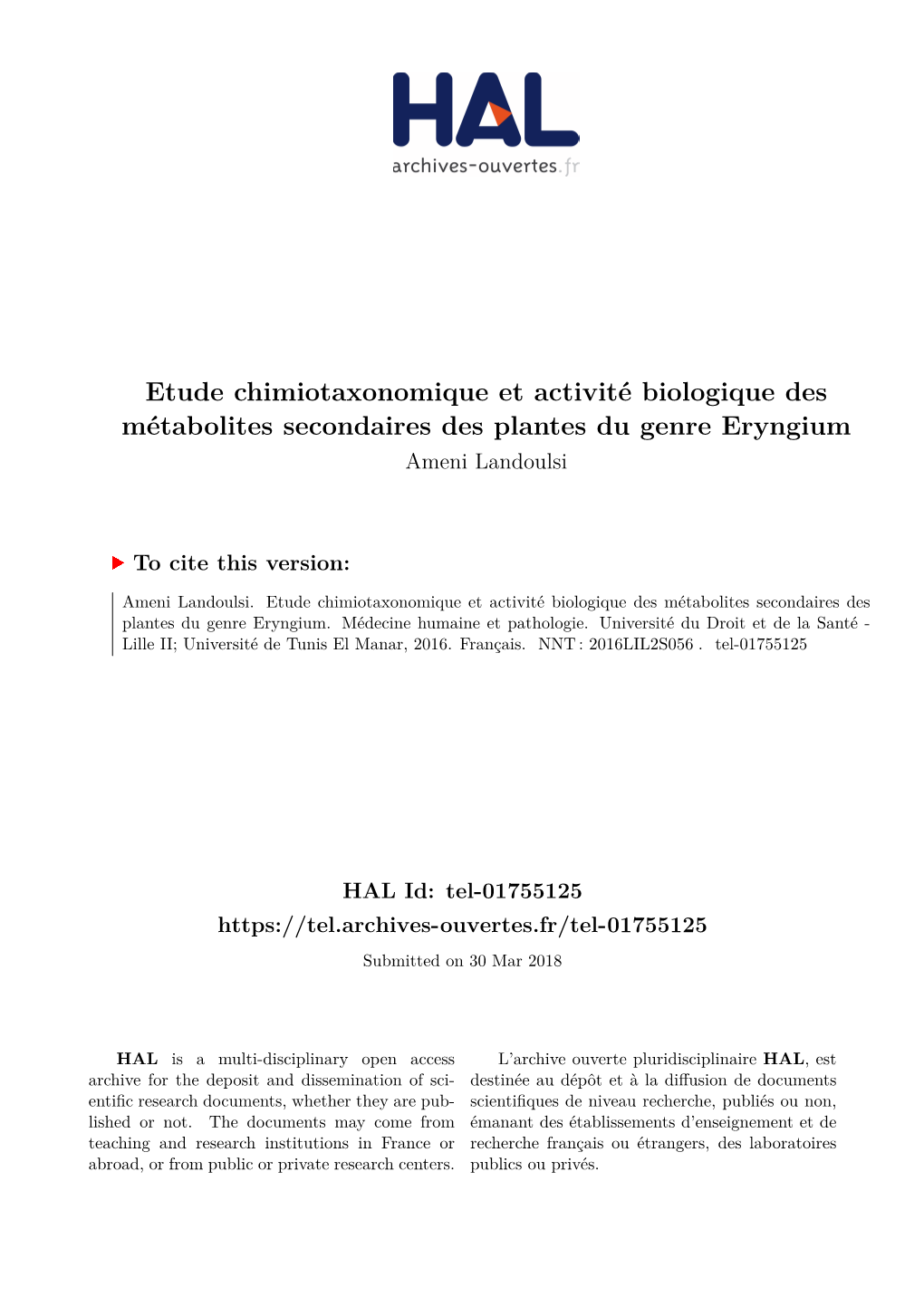 Etude Chimiotaxonomique Et Activité Biologique Des Métabolites Secondaires Des Plantes Du Genre Eryngium Ameni Landoulsi