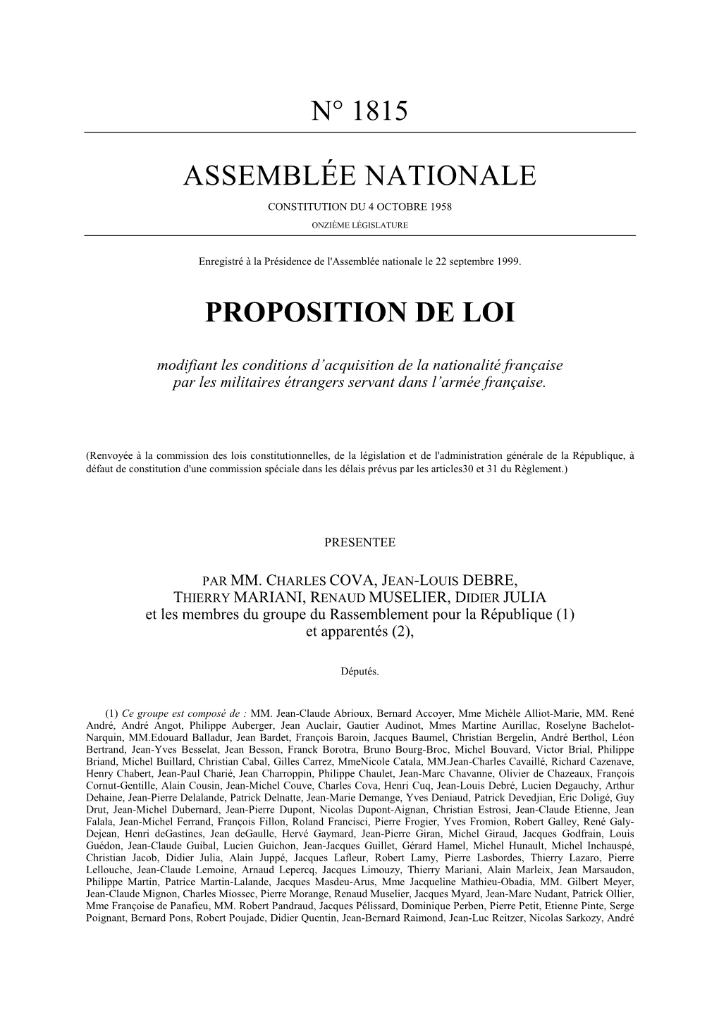 N° 1815 Assemblée Nationale Proposition De