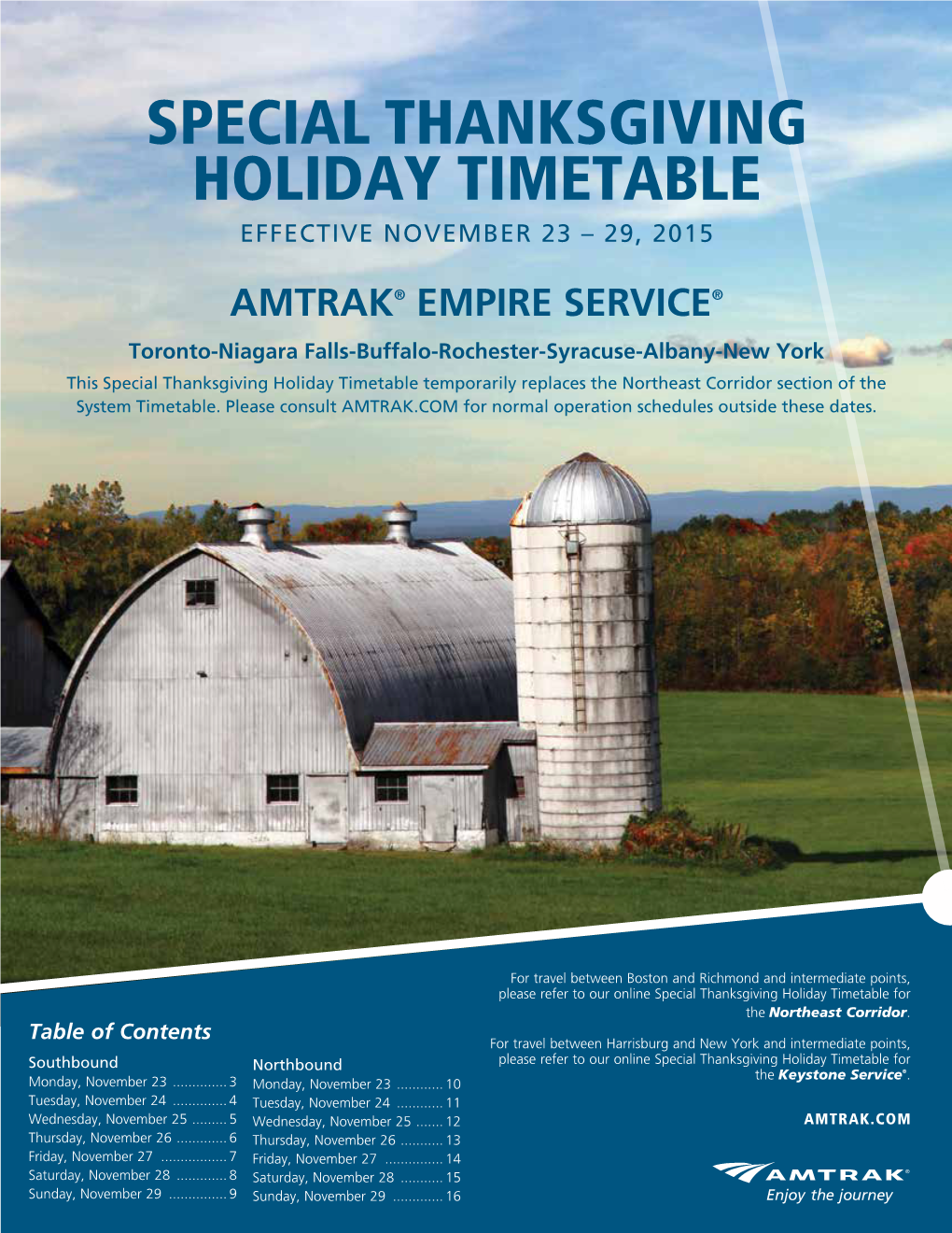 Empire Service Thanksgiving Timetable-Toronto-New York