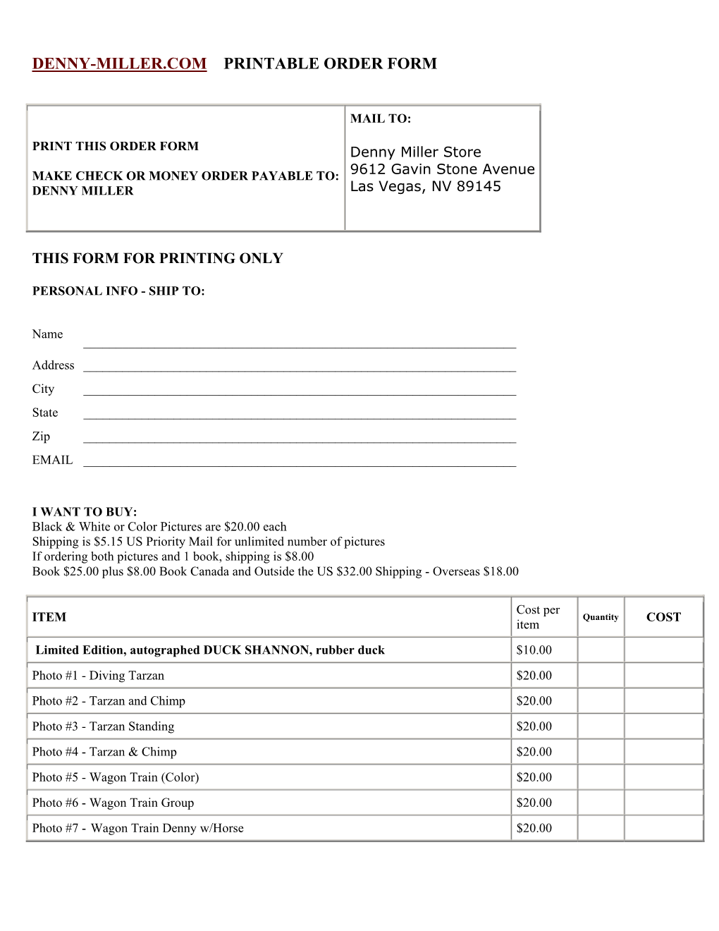 Denny-Miller.Com Printable Order Form