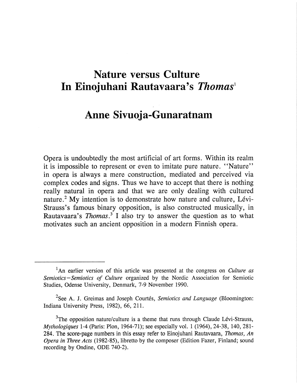 Nature Versus Culture in Einojuhani Rautavaara's Thomas1 Anne