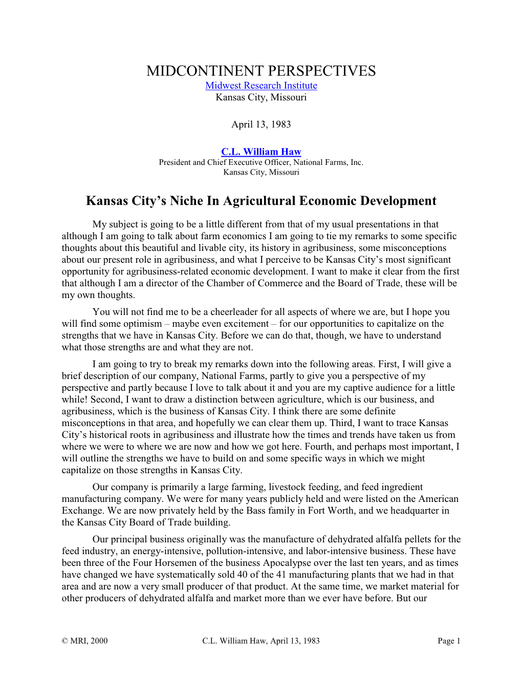 Kansas City's Niche in Agricultural Economic Development